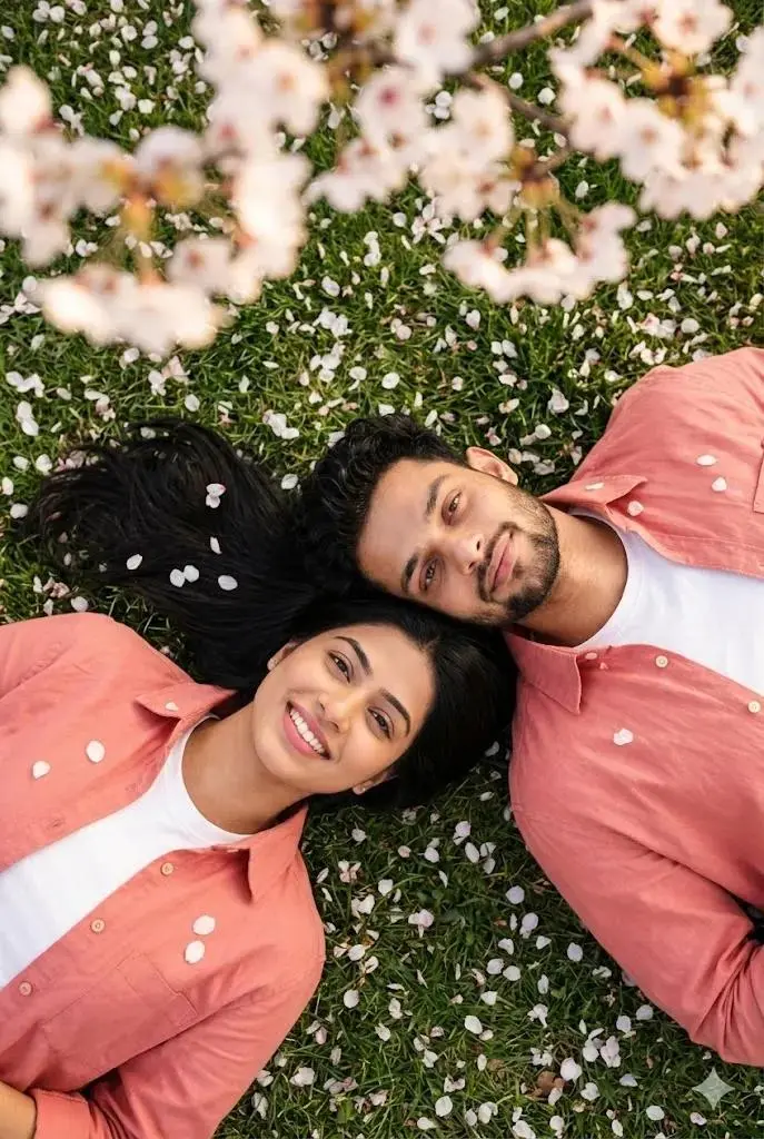 Transform this photo into a vibrant tropical couple portrait. Keep both faces, skin tones, hairstyles, facial features, body proportions, and identities 100% accurate and unchanged.
Place the couple standing above the camera while looking downward with playful expressions and hand gestures. Surround them with tall tropical palm trees forming a circular frame around the scene. Capture the image from a dramatic ultra-wide low-angle perspective looking directly toward the bright blue sky.
Enhance the lighting with natural sunlight, rich tropical colors, realistic shadows, crystal-clear details, HDR quality, professional travel photography style, ultra-sharp focus, natural skin texture, and premium DSLR quality. Maintain realistic proportions and face accuracy.